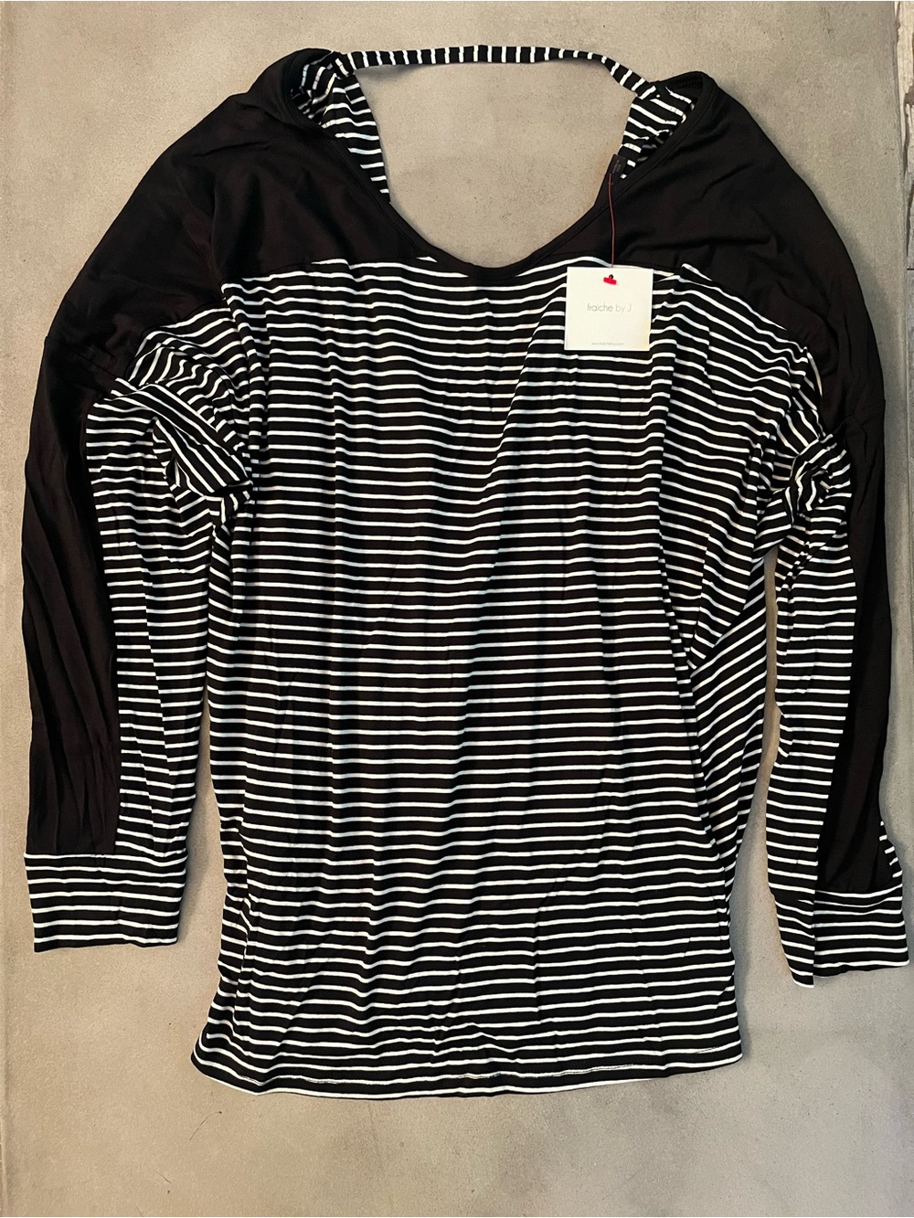 Fraiche by J "Benie" Open Back Knit Black White Stripes Top Size Large NWT